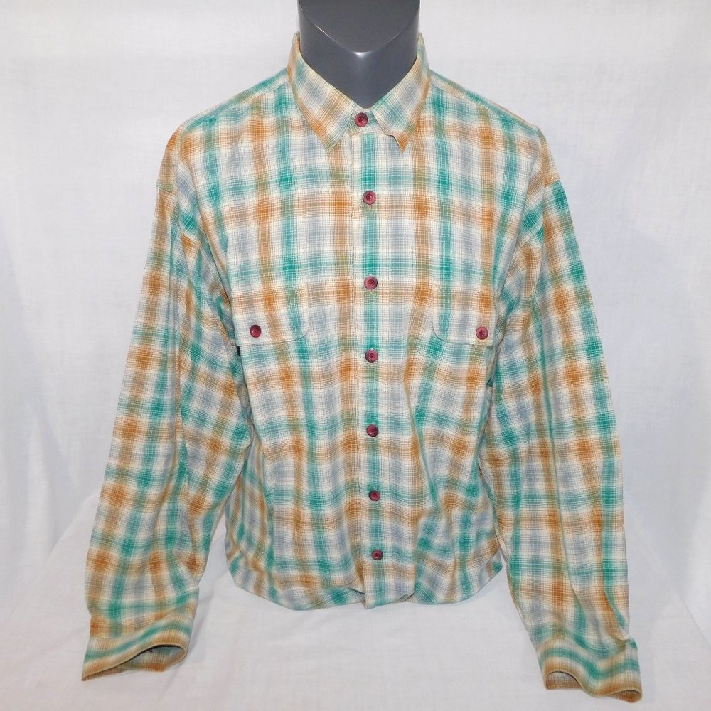 ORVIS Mens XL Brown Tan Green Plaid Long Sleeve Button Front Shirt